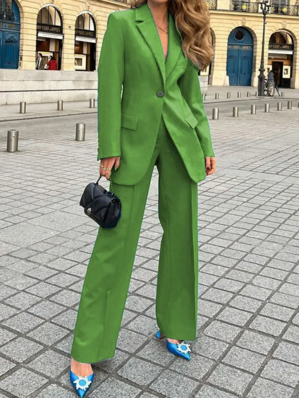 2023 Womens Suits Fashion Single Buttons Business Blazer Solid Casual Coat Trousers 2 Pcs Set Office Ladies Wear Wide-Leg Pants