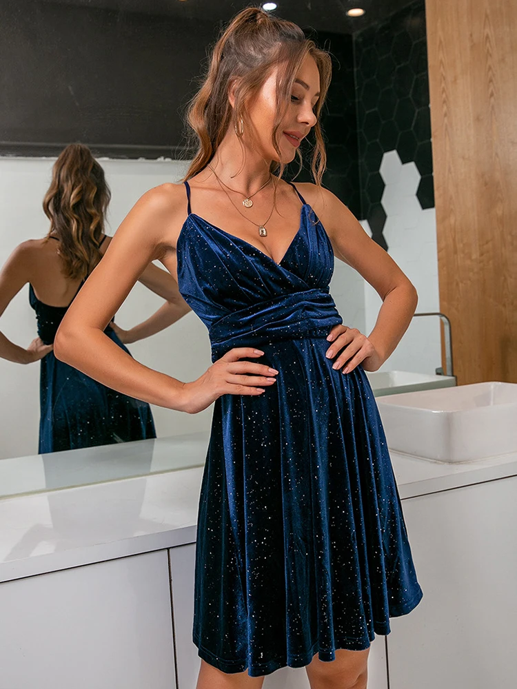 

Sexy Summer Sleeveless V Neck A Line Velvet Mini Dresses for Women 2022 Elegant Fashion Straps Backless Ruched Slim Party Dress