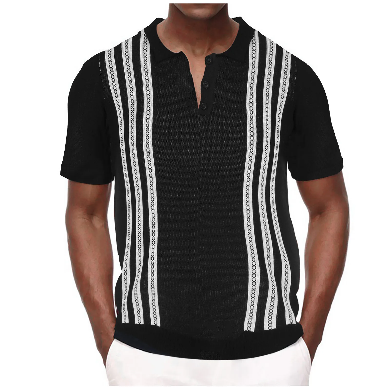 

ISHOWTIENDA Men’s Casual Shirts Short Sleeve Knit Shirt Vintage Stripe Lapel Collar Shirt camisetas hombre 2022