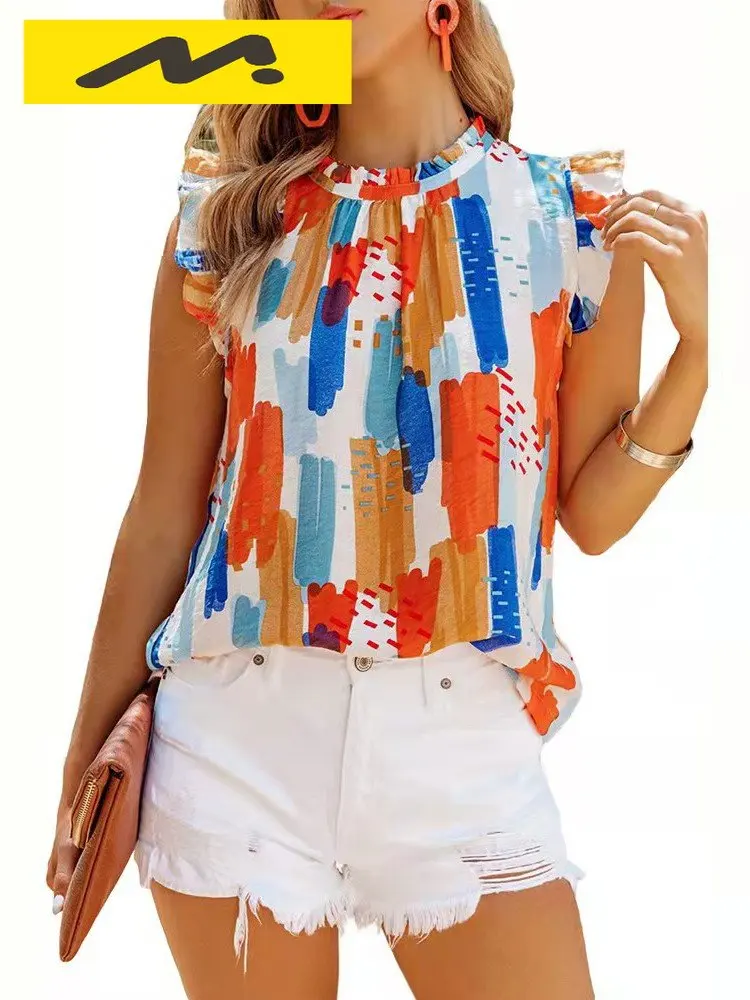 Summer Sleeveless Print Blouses For Women Fashion O Neck Elegant Office Lady Shirt Strretwear Casual Chiffon Blouse Tops