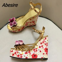 printed retro wedge sandals color blocking flower thick soled open toe high heeled shoes ankle buckle ethnic style womens shoes