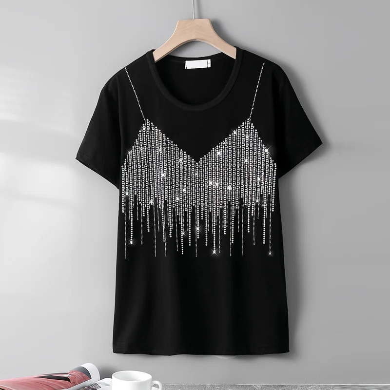 

Summer New Fashion short-sleeve T-shirts female personality Sling pattern Hot diamonds Loose High quality Round neck women tops