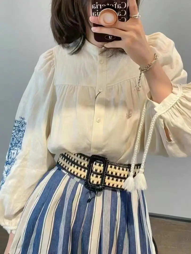 

Autumn 2023 New Women Flower Print Blouse Casual 100% Linen O-Neck Single Breasted Lantern Sleeve Shirt Tops for Ladies