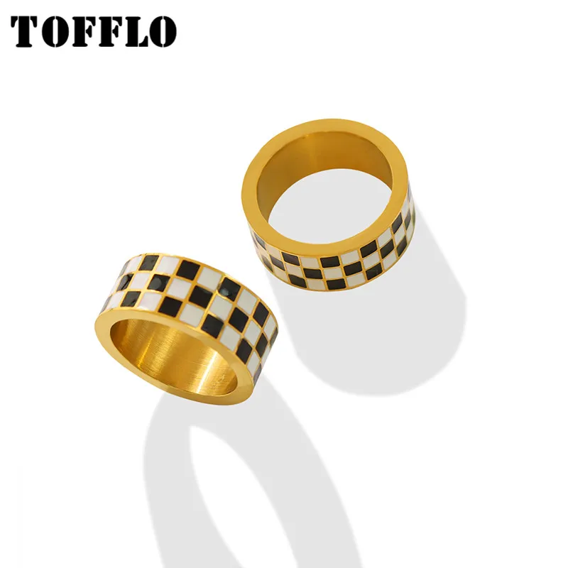 

TOFFLO Stainless Steel Jewelry Black And White Check Simple Plain Ring Female Hip Hop 18K Gold Plated Ring BSA320