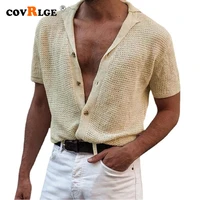 covrlge mens summer shirt new short sleeved cardigan thin loose polo shirt for men solid color top male streetwear mzs008