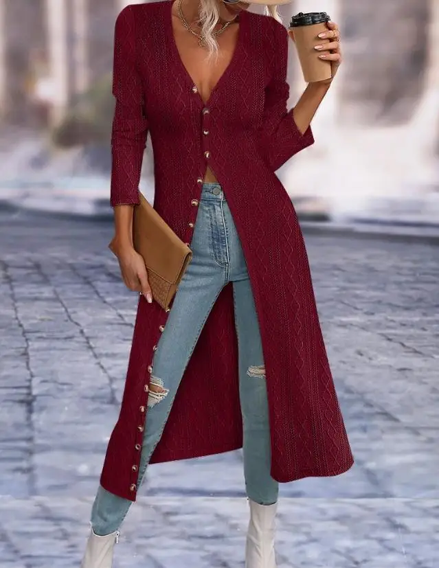 

Y2K Clothing Jackets for Women 2023 Autumn New Fashion Casual Solid Color Single Breast Buttoned Cable Textured Longline Top