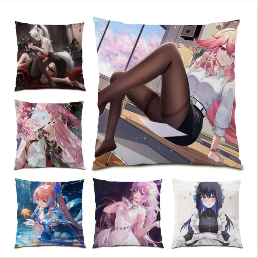 

Аниме-Подушка Обложка 45x45, Постер из полиэстера и льна для украшения гостиной, квадратная Подушка Чехол, красивая девушка, кавайный Декор E0884
