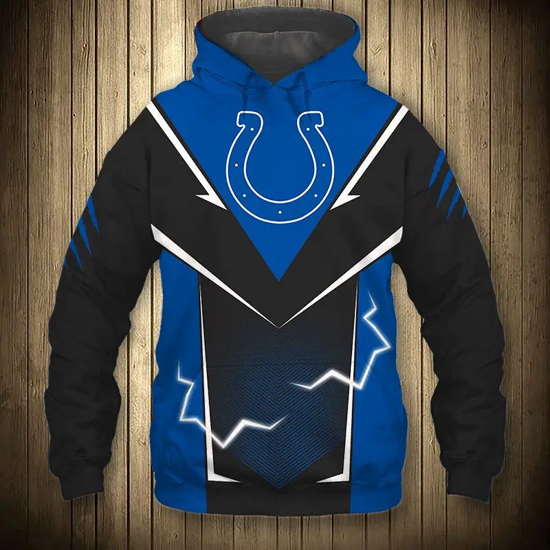

Fashion Indianapolis men's casual 3D sweatshirts Blue and black stitching graffiti lightning letter printing Colts hoodies