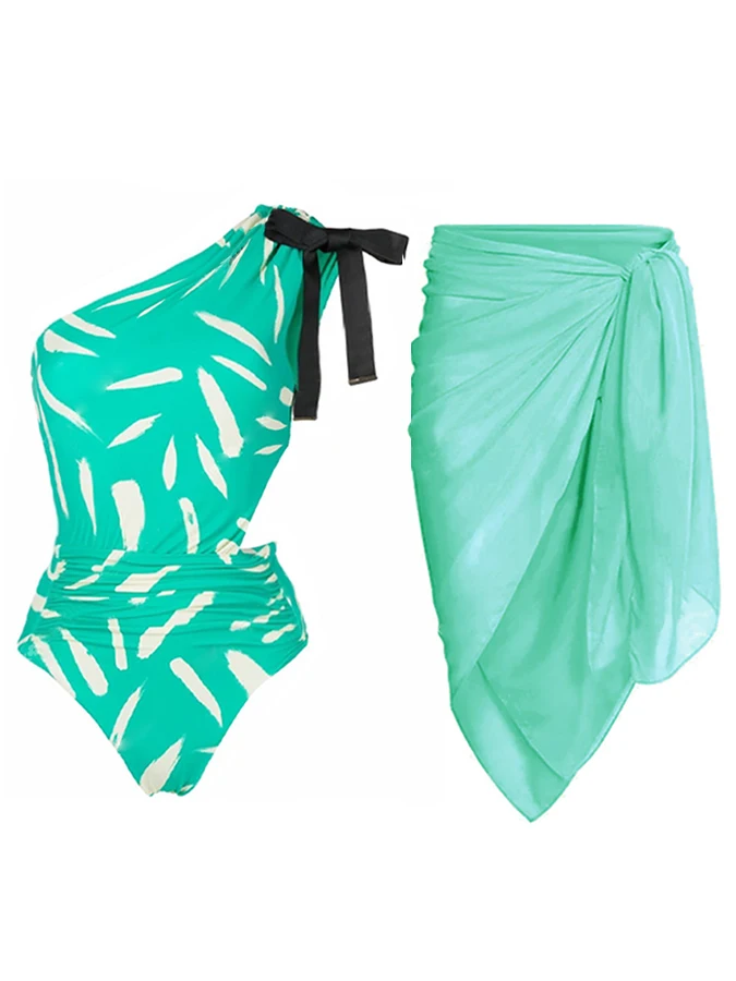 

Fashion One Shoulder Print Swimsuit Set