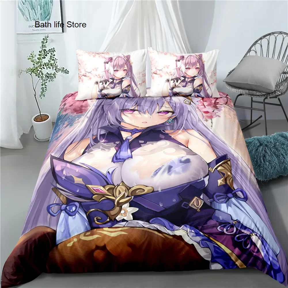 

Комплект постельного белья Keqing Raiden Shogun, постельное белье Genshin Impact, для подростков, для мальчиков, для взрослых, односпальный, двухспальный, Королевский размер, фиолетовый пододеяльник