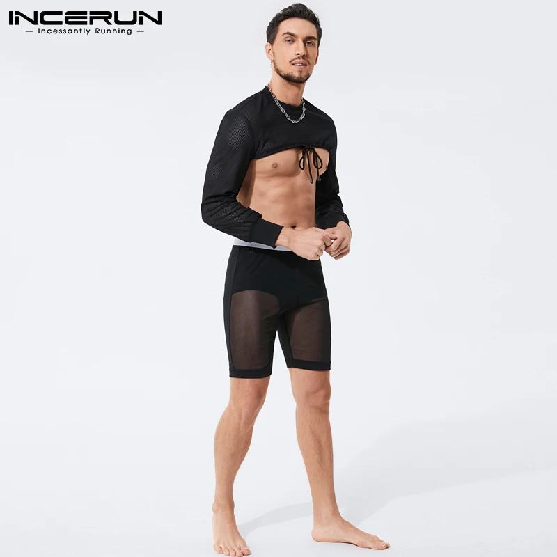 

INCERUN 2023 Comfortable Homewear New Men Sets Sexy Leisure Short Blouse Five-point Pants Stretch Solid Color Pajama Sets S-5XL