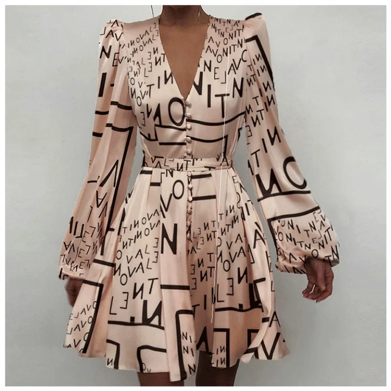 

European Station Young CareerOLWind Floral Letter PrintingVCollar Breasted Western Style Bubble Long Sleeve DressDRESS