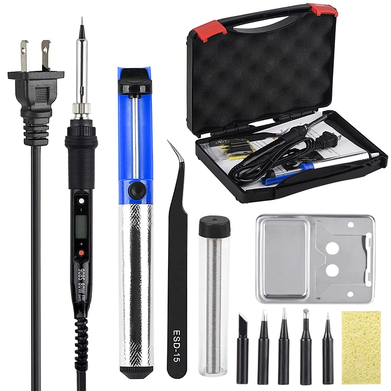 

JCD soldering iron kit LCD Adjustable Temperature 110V 220V 80W soldering Rework tools solder iron tips wires Pump Heater stand.