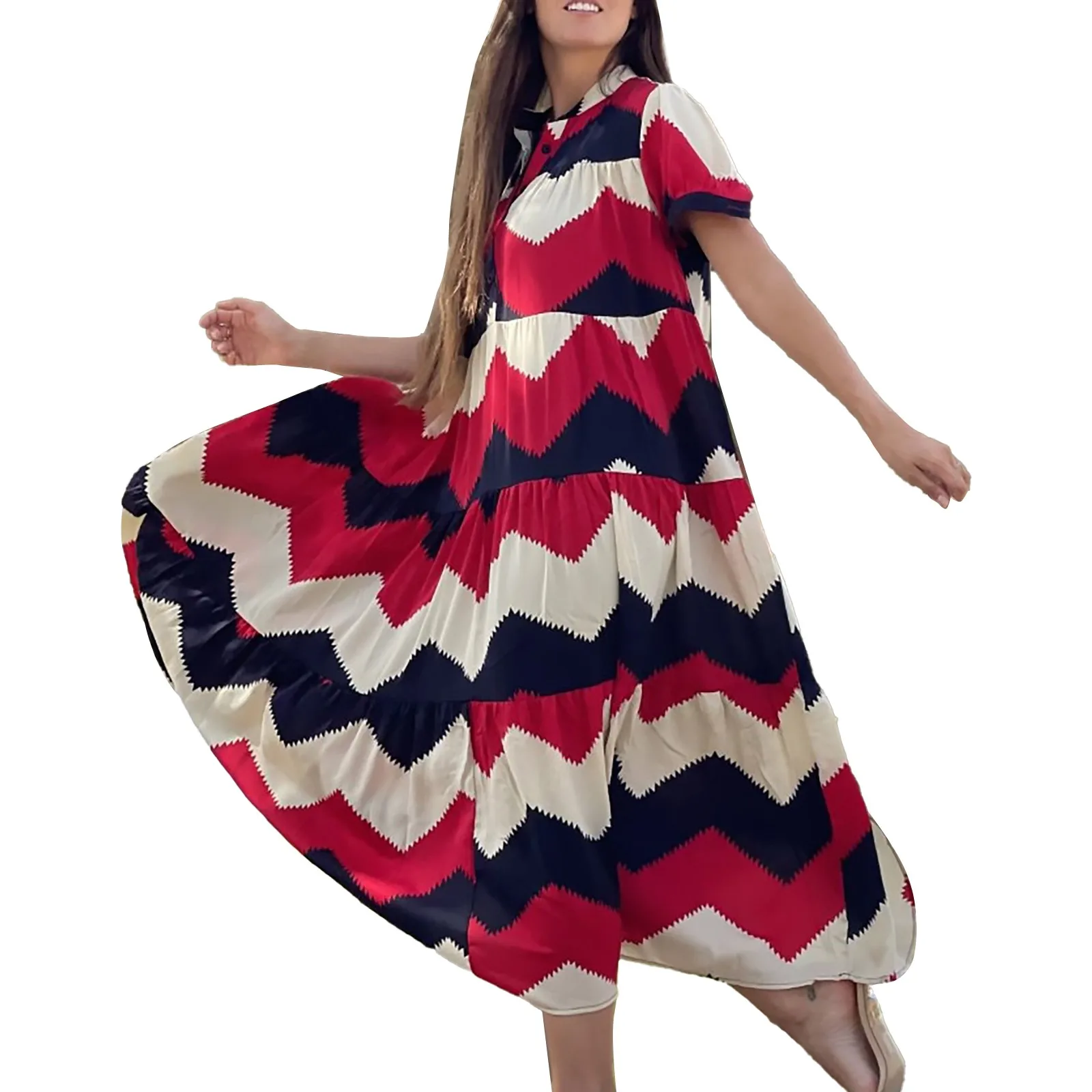 

Женское летнее платье-макси с коротким рукавом и оборками