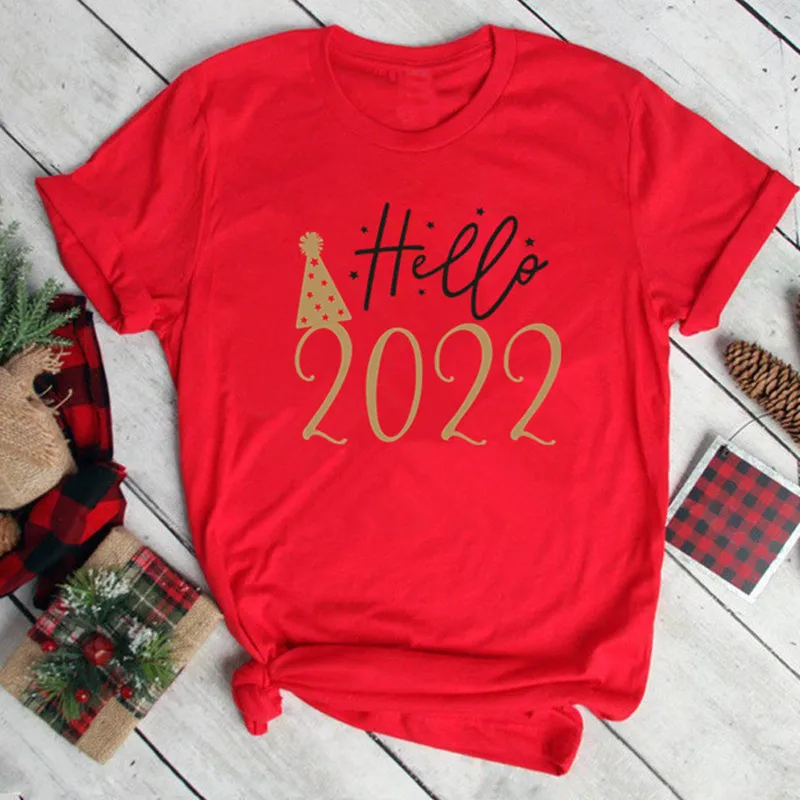 

Hello 2022 Print Women T Shirt Red Short Sleeve Christmas Tops Holiday female Tshirts Loose Plus Size Tshirt Funny Cute Tops