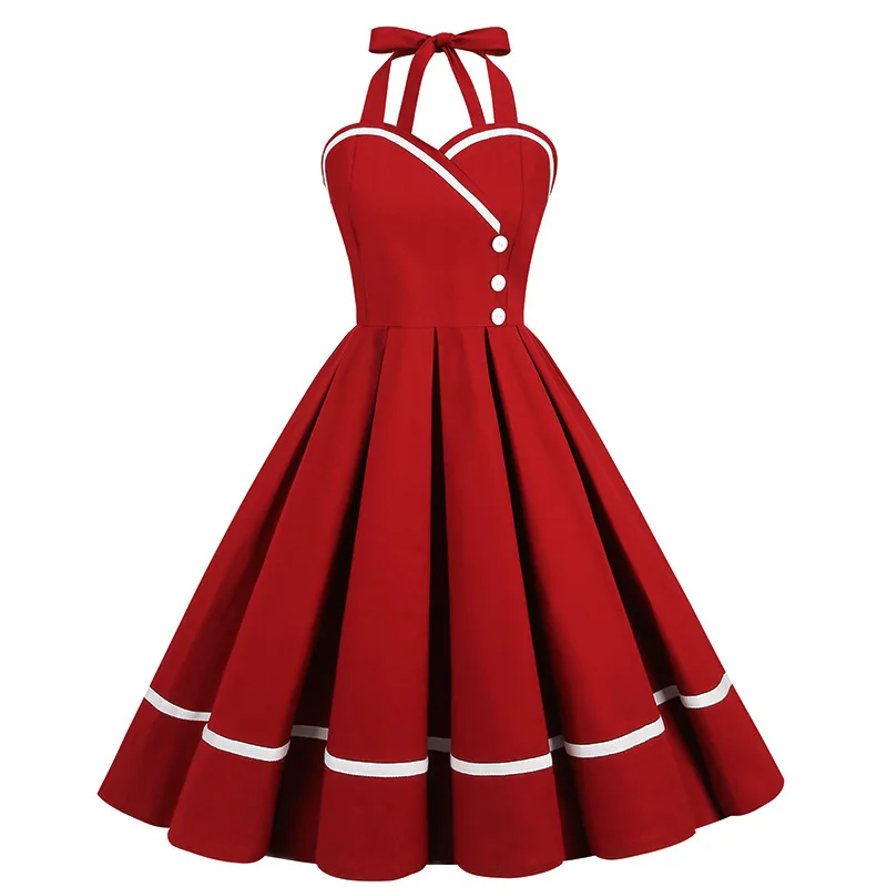 Robe Pin Up Rockabilly Party Dresses 50s 60s Women Pleated Strapless Cotton Red Green Pink V Neck Femme Elegant Vintage Dresses