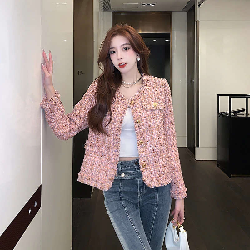 

New Autumn Winter Women Thicken Warm Jacket Korean Fashion High Quality Sweet Pink Tweed Jacket