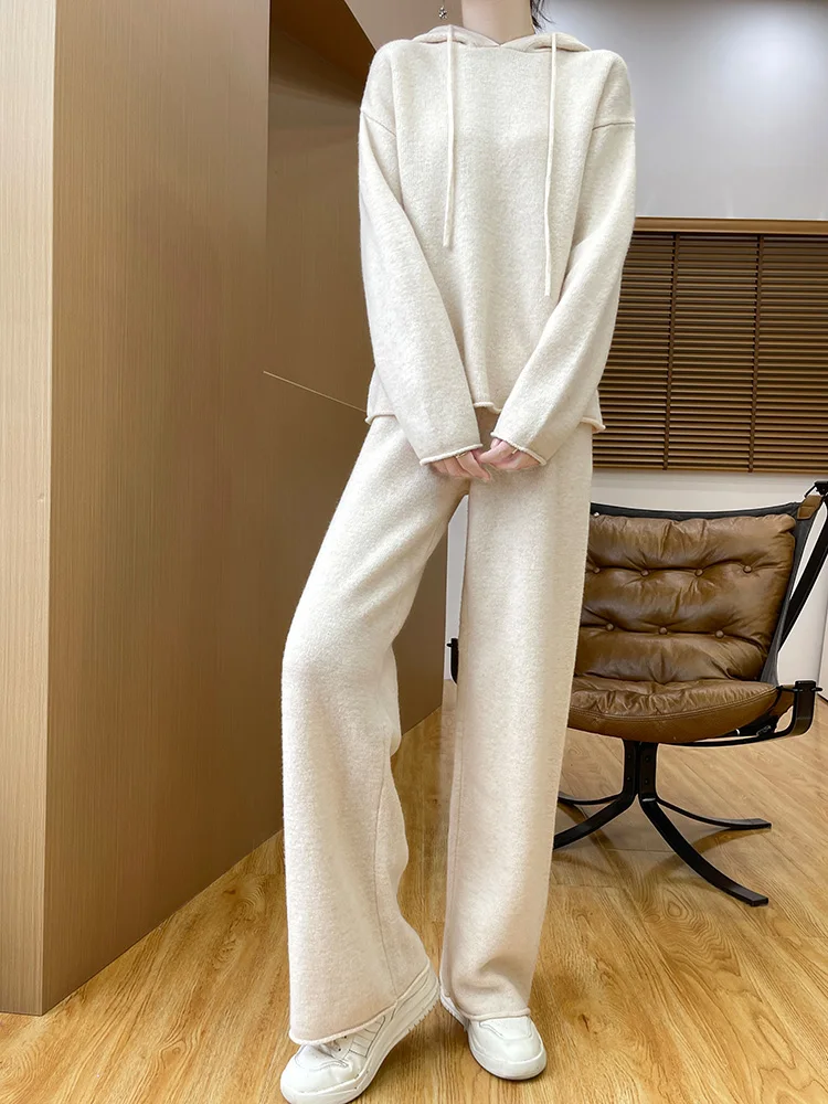 Женский шерстяной пуловер с капюшоном прямой брючный костюм осень-зима трикотаж