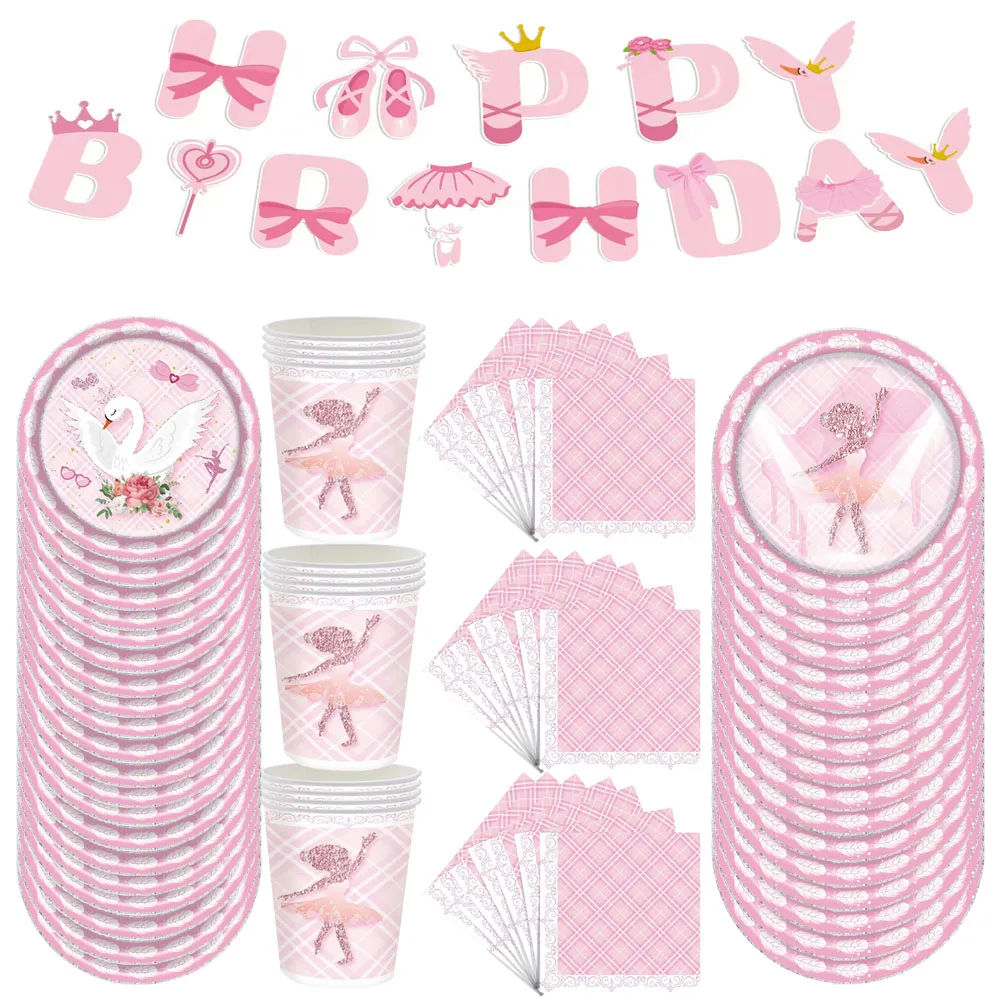 

New Pink Swan Ballet Theme Party Disposable Tableware Paper Plates Napkins Princess Girls Happy Birthday Party Decor