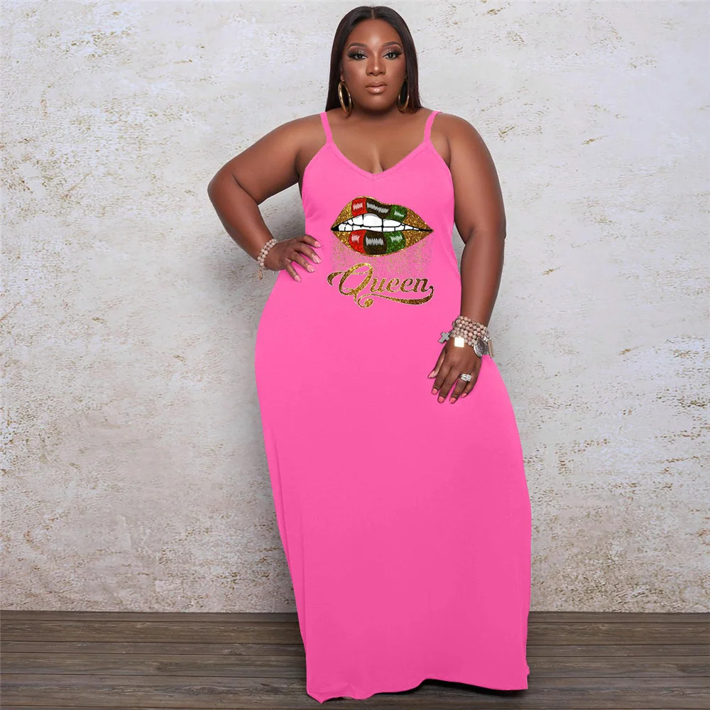 Plus Size Dresses for Women Clothing Lip Print Sexy Elegant Stretch Slip Casual Loose Maxi Dresses Who 3xl 4xl 5xl 6xl