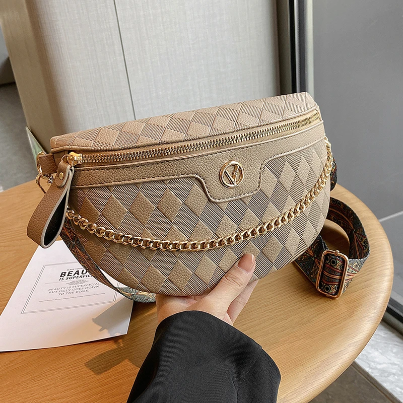 

Lattice Pattern Shoulder Bag Chain Women's Waist Bag PU Leather Fanny Pack Ethnic Style Strap Crossbody Bag Handbag Hip Purse