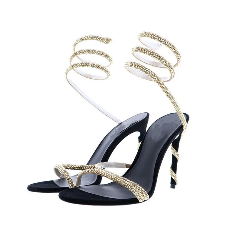 

2023 New Round Head Rhinestone Slotted High Heel Sandals Fashion Open Toe Slim Heel Sexy Dress Women's Large Sandals