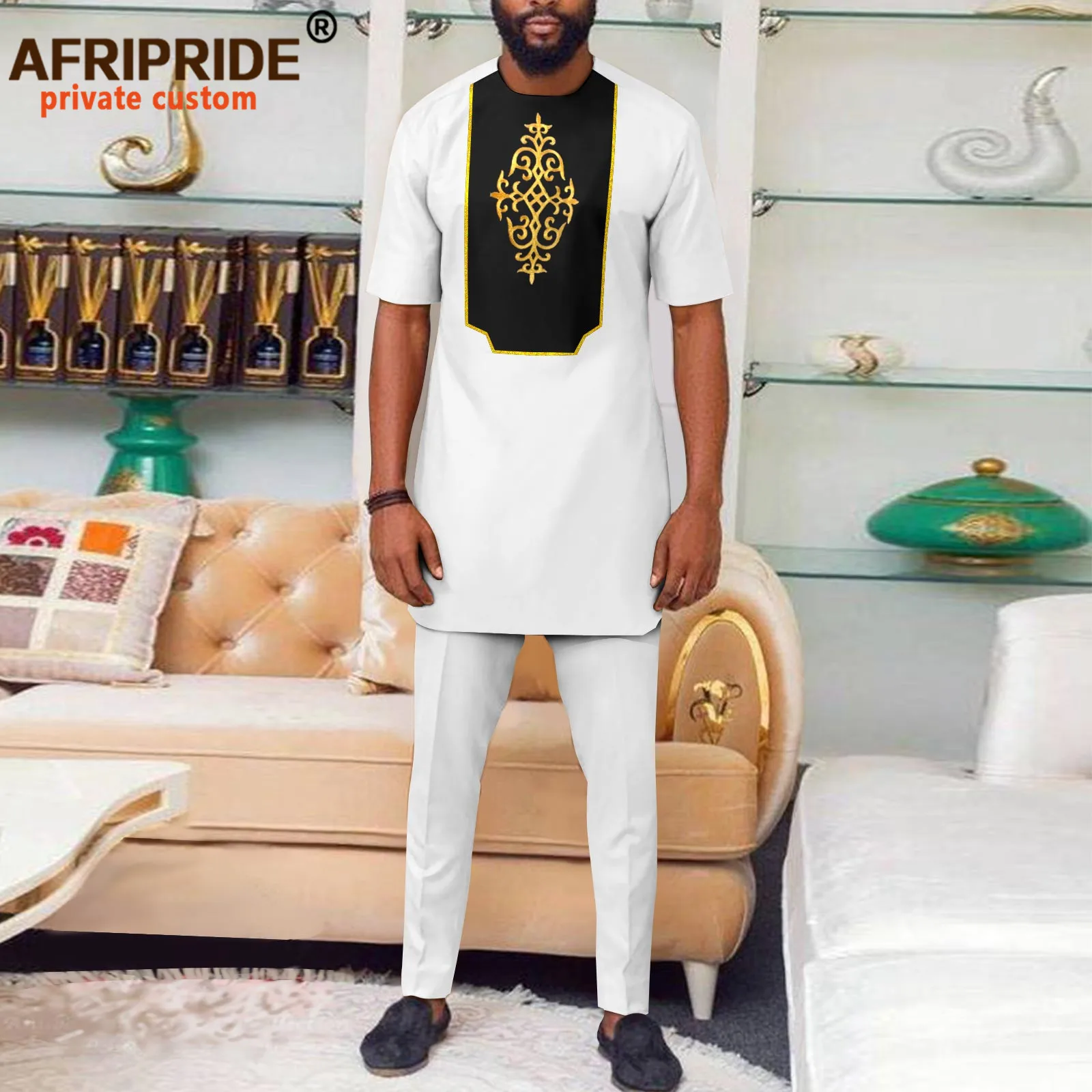 Bazin Riche African Suits for Men Tribal Tracksuit Plus Size Short Sleeve Embroidery Blouse and Pants 2 Piece Set A2216075
