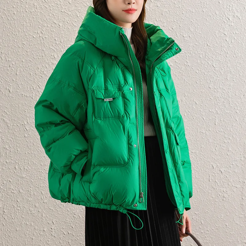 

Women's Winter Down Jacket Windproof Stand Collar Loose Hooded Short Women Down Coat Korean Style Casual Warm Coat