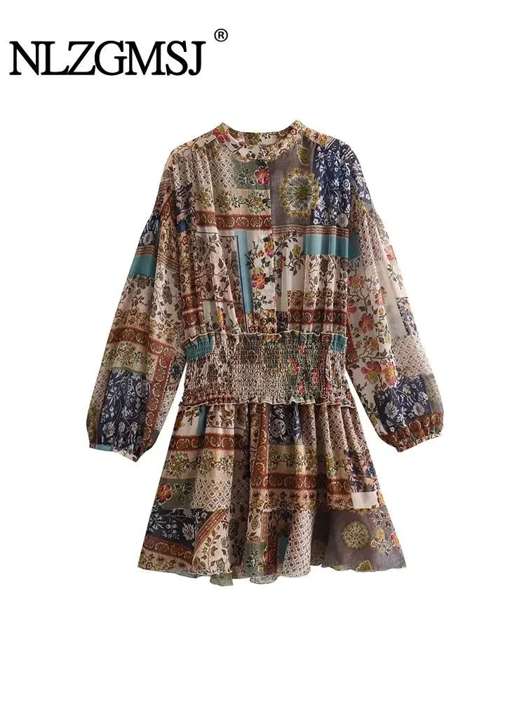 

Nlzgmsj TRAF Female Patchwork Print Short Dress Elegant O-neck Button Dress Women Vintage Elastic Waist A-line Mini Dress