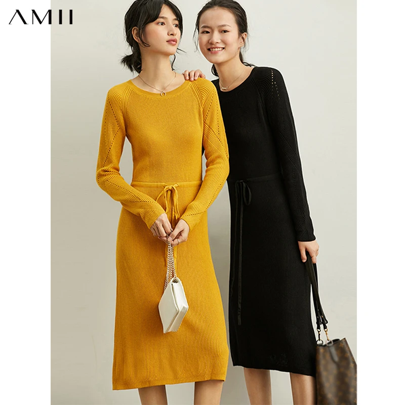 

Amii Minimalism Autumn Dresses For Women Elegant Elastic Waist Long Dress Winter Fashion Women's Knitted Dresses 61960104
