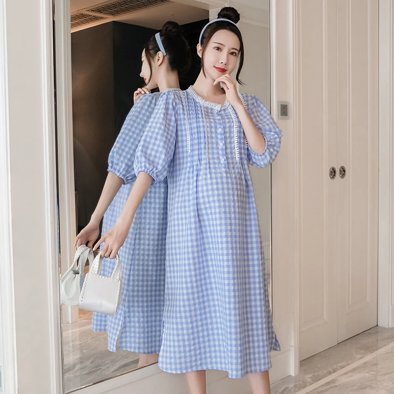 

8989# Summer Fashion Plaid Cotton Maternity Dress Elegant A Line Slim Clothes for Pregnant Women Lace OL Work Ladies Pregnancy