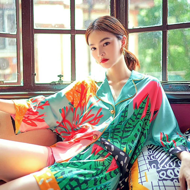 New Women Pajamas Set Hand Drawn Art Tropical Plants Pyjama Set Silk Like Nightwear Shorts Home Wear Clothes Sleepwear Homewear