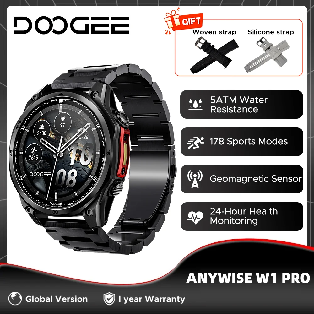 Фото Умные часы DOOGEE ANYWISE W1 PRO с водонепроницаемостью 5ATM, 178 спортивными режимами, мониторингом здоровья, геомагнитным датчиком и офлайн-картами №1