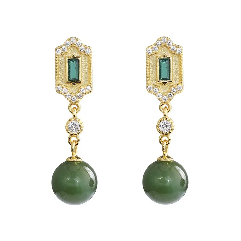 

ES360 ZFSILVER 925 Silver Korean Fashion Trend Hetian Jade Jasper Emerald Dangle Rectangle Earrings Jewelry Women Match-all Girl