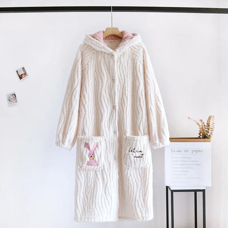 Autumn Winter Cute Pajamas Women Flannel Nightgown Thickened Coral Velvet Korean Pajamas Housewear Suit Warm Hooded Bathrobe