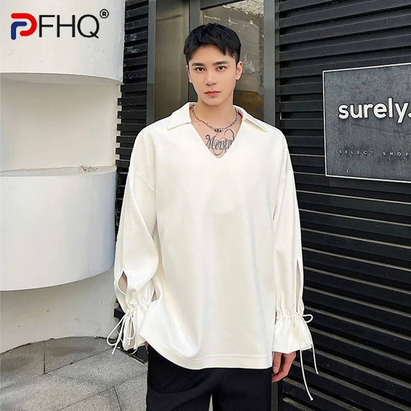 

PFHQ Korean Chic Men's Sweatshirt Solid Color Shirt Collar Cuff Lacing Men's Top 2023 Spring Niche Design Men's Clothing Elegant
