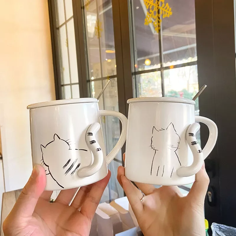 

360ML Cute Cat Coffee Mug with Lid Ceramic Heat-resistant Milk Juice Water Cup Breakfast cup Unique Girl ‘s Gifts