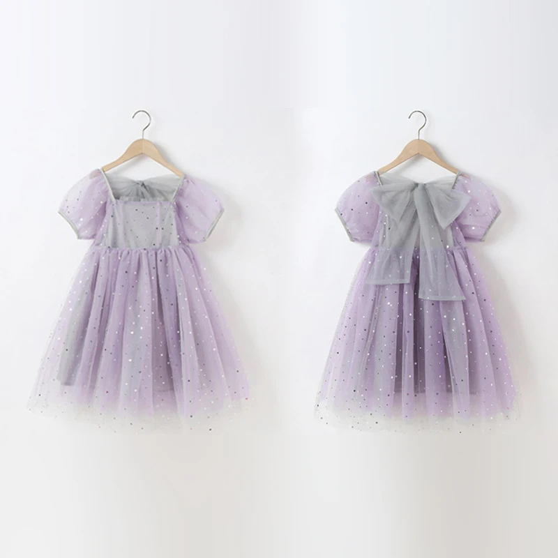 

3-8T Kids Girls Casual Dress Purple Summer Mesh Girl Dresses Children Short Sleeve Bow Clothing for Birthday Princess Vestidos