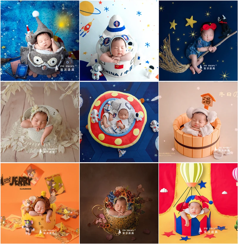Dvotinst Newborn Photography Props Baby 2022 Cute Theme Spaceship Backdrop Outfit Hat Wrap Dolls Studio Shooting Photo Props