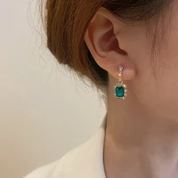925 silver needle korean simple green gemstone earrings full of diamonds geometric square earrings net red design jewelry women