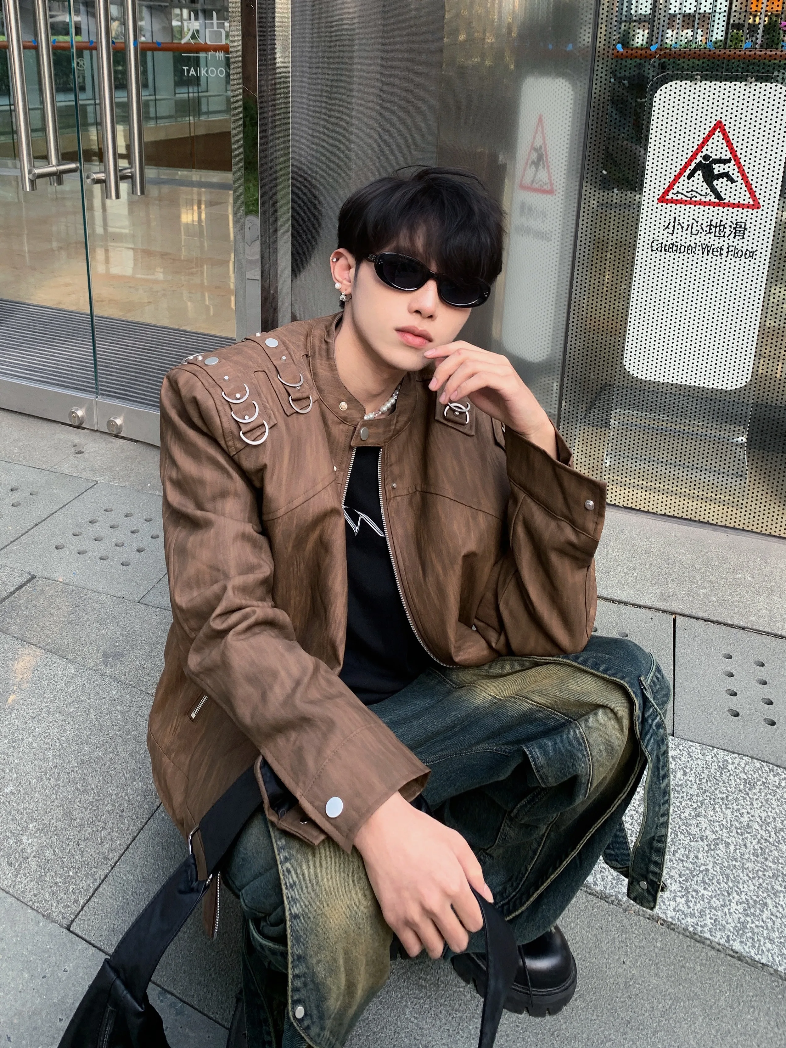 0H Studios/American vintage Distressed Shoulder Pad Motorcycle Leather Coat Outerwear Men's Design Sense Quilted Crop jacket