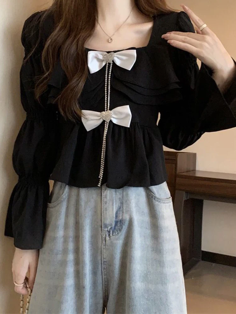 Женская блузка с оборками белый облегающий Топ во французском стиле бантом и