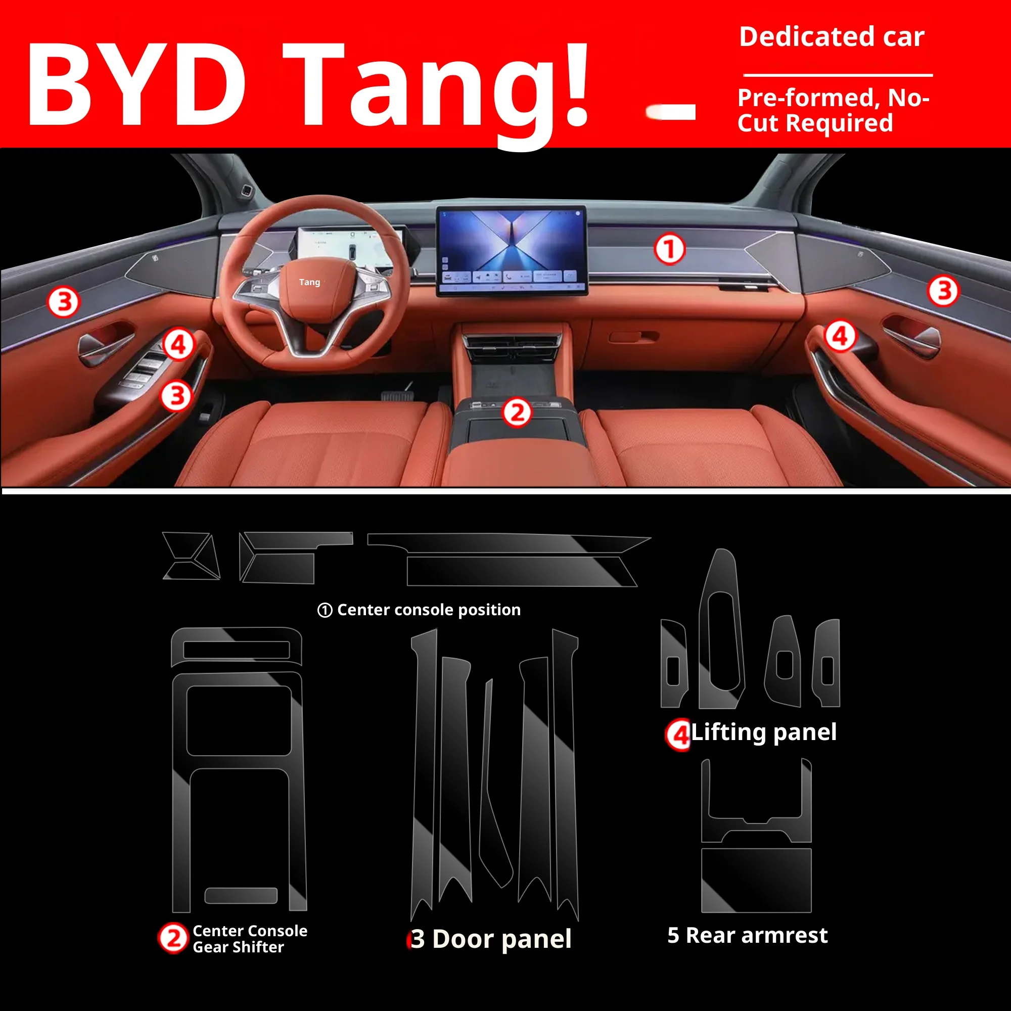 

Для BYD Tang L 2025 и уплотнительная внутренняя защитная пленка EV, комплект наклеек на приборную панель центральной консоли с защитой от царапин, автомобильные аксессуары