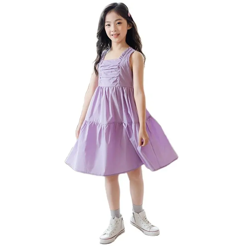 

2022 Summer Teenage Girls Vest Dress Cotton O-Neck Sleeveless Solid Midi Dress Kids Backless Casual Loose Sundress Teen Clothing