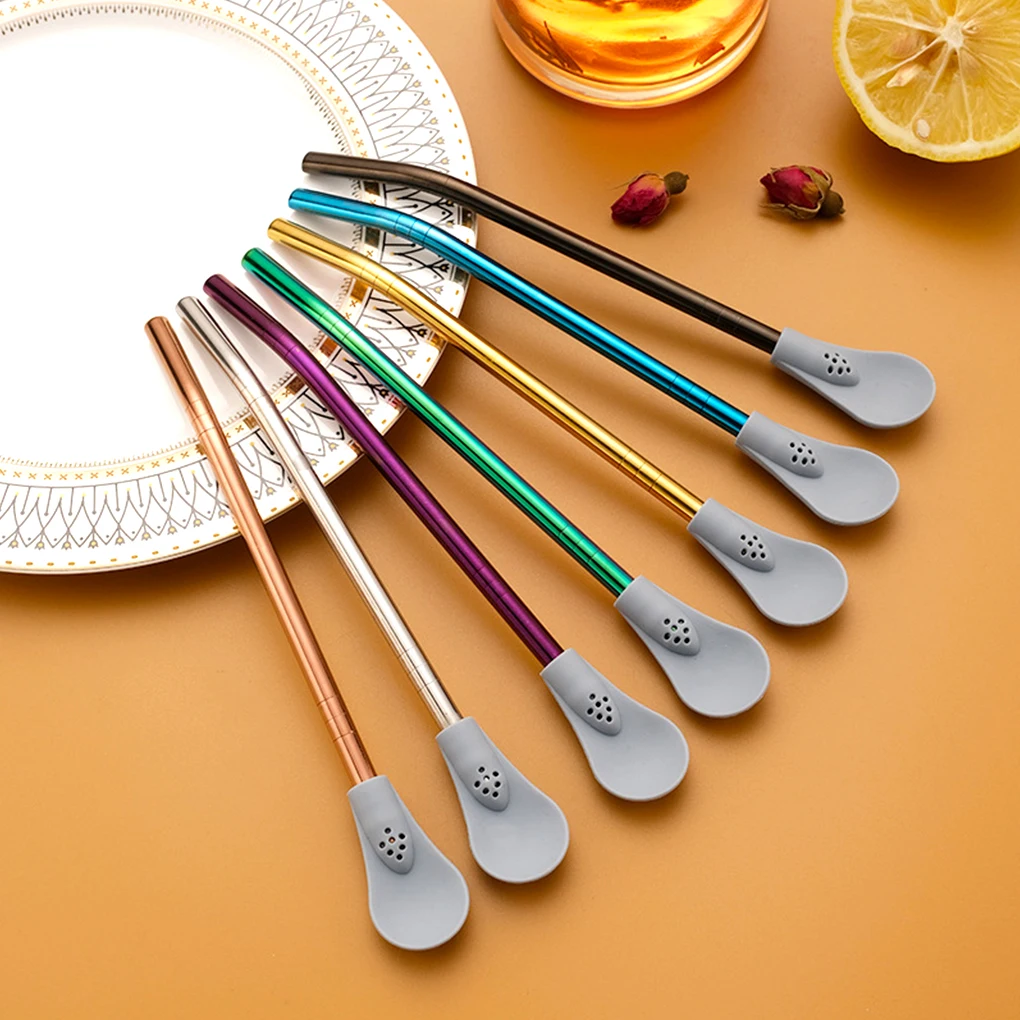 

Pack of 7 Detachable Straw Spoon Stainless Steel Spoons Beverage Filter Kitchen Tableware Recycled Straws Coffee Tea