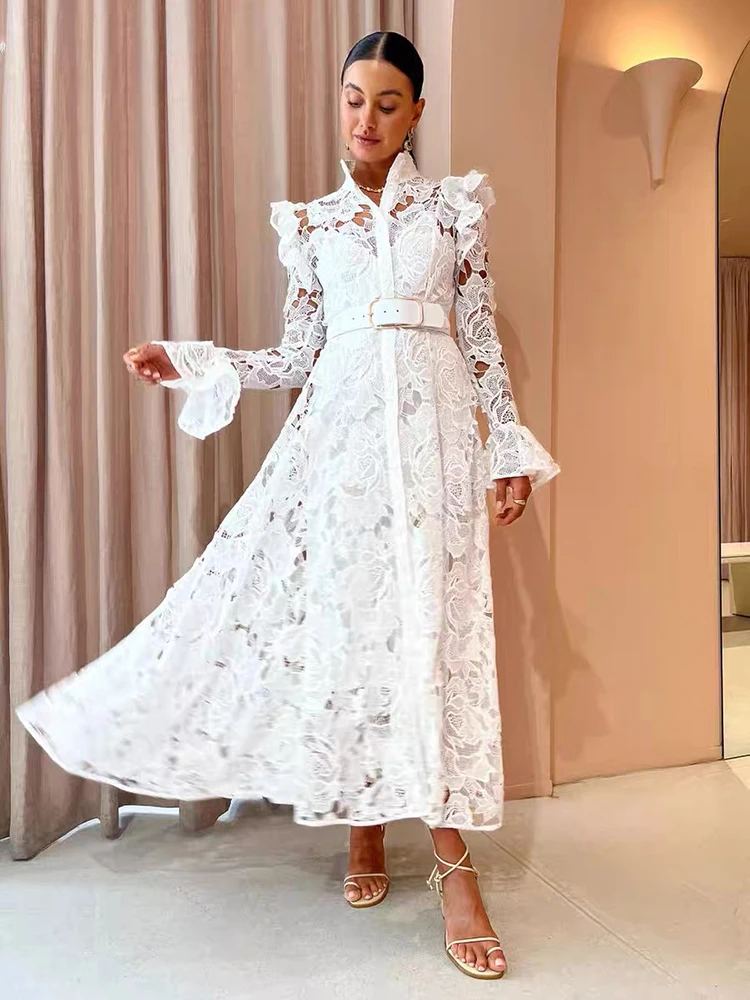 

2023 Spring/Summer Fashion Mature Water Soluble Lace Hollow Out Single breasted Long Sleeve Dress with Same Color Strap Bottom