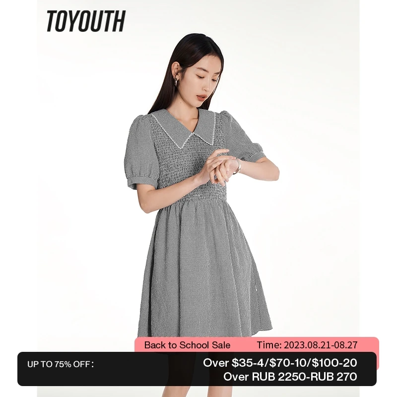 

Toyouth Women Dress 2023 Summer Puff Sleeves Doll Collar A-shape Black and White Check Pleated Design Fashion Chic Middle Skirt
