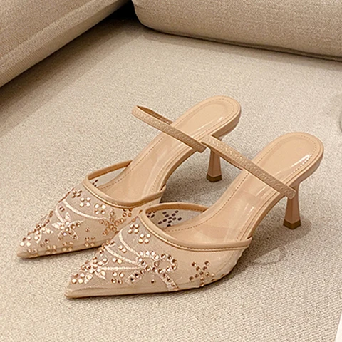 Eilyken/Новые модные женские туфли-лодочки на тонком каблуке из сетчатой ткани с кристаллами, элегантные шлепанцы с острым носком для вечеринки, выпускного вечера