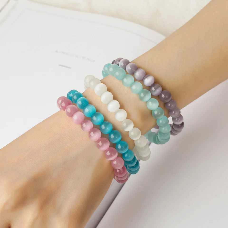 

Women Simple Cat Eye Stone Natural Bracelet Simple Korean Kpop Moom Beads Jewelry Bangle Cuff For Teenager Girls