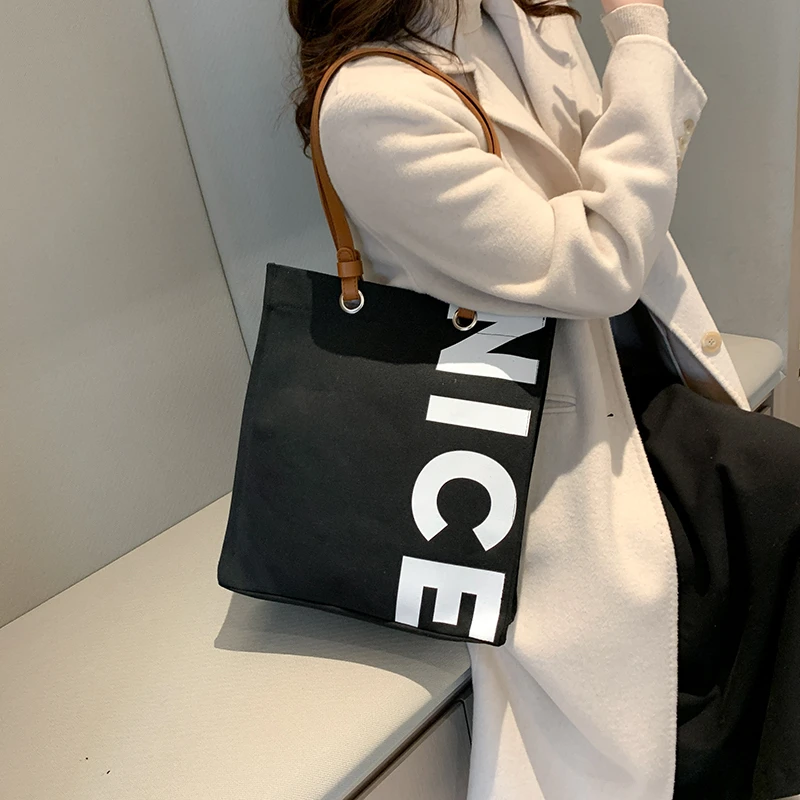 

Letter Print Canvas Women's Bag PU Leather Strap Tote Bag Black Shoulder Bags Shopping Eco Bag Korean School Book Handbag Y2K